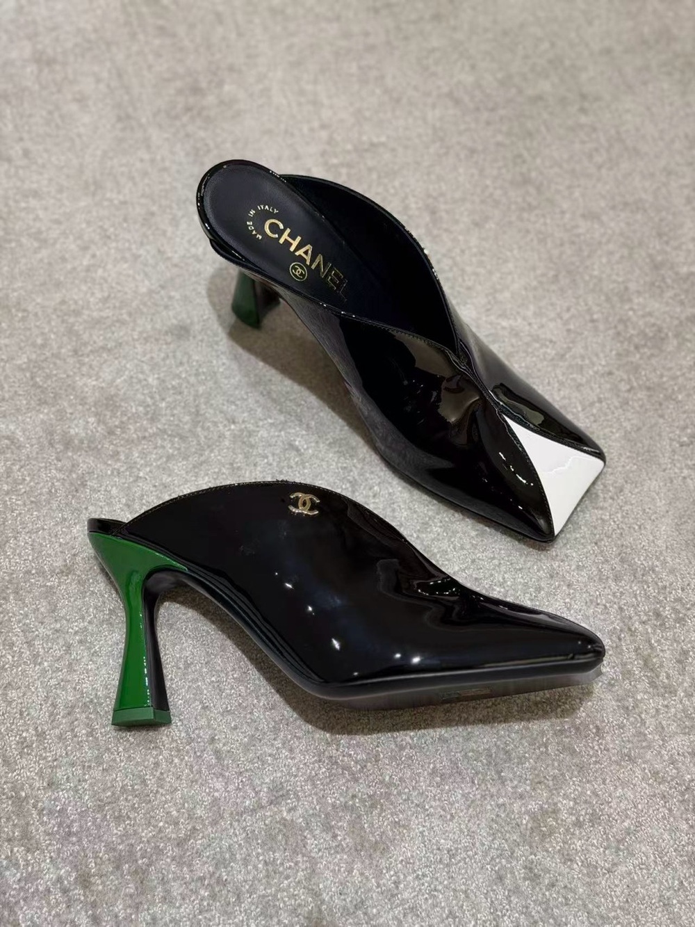 CHANEL Black Patent Slip-On Heel with Green Heel and Gold Logo